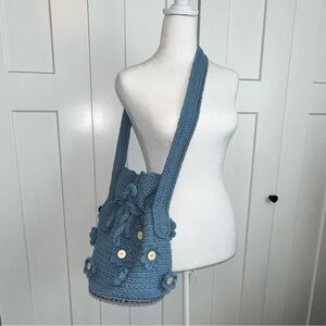 Handmade Crochet Blue Bucket Crossbody with Flower Button Design - New